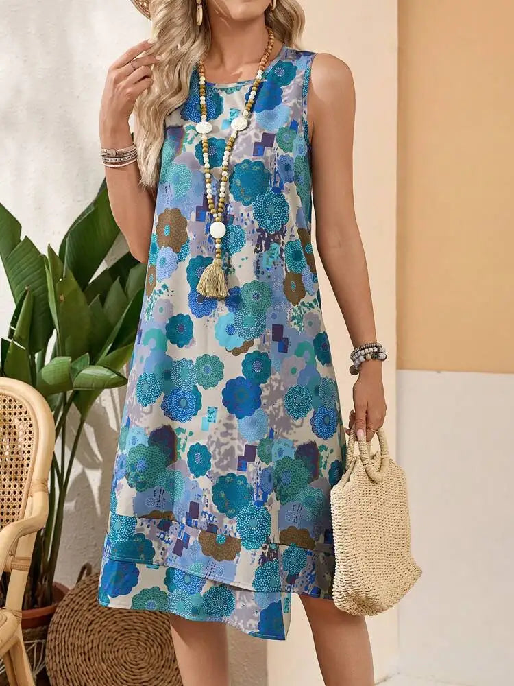 SAIDE™ | S49 DRESS - ELEGANT DIRECTIONAL FLOWERS ALL OVER PRINT TANK DRESS