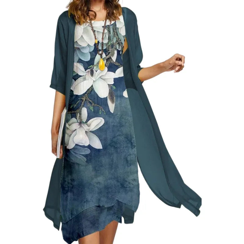 SAIDE™ | S121 2PCS - PRINTED DRESS AND SWEATER COAT SET