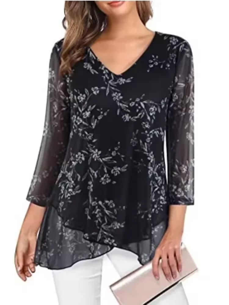 SAIDE™ | S127 TOP - PRINTED V-NECK PLEATED CASUAL TOP
