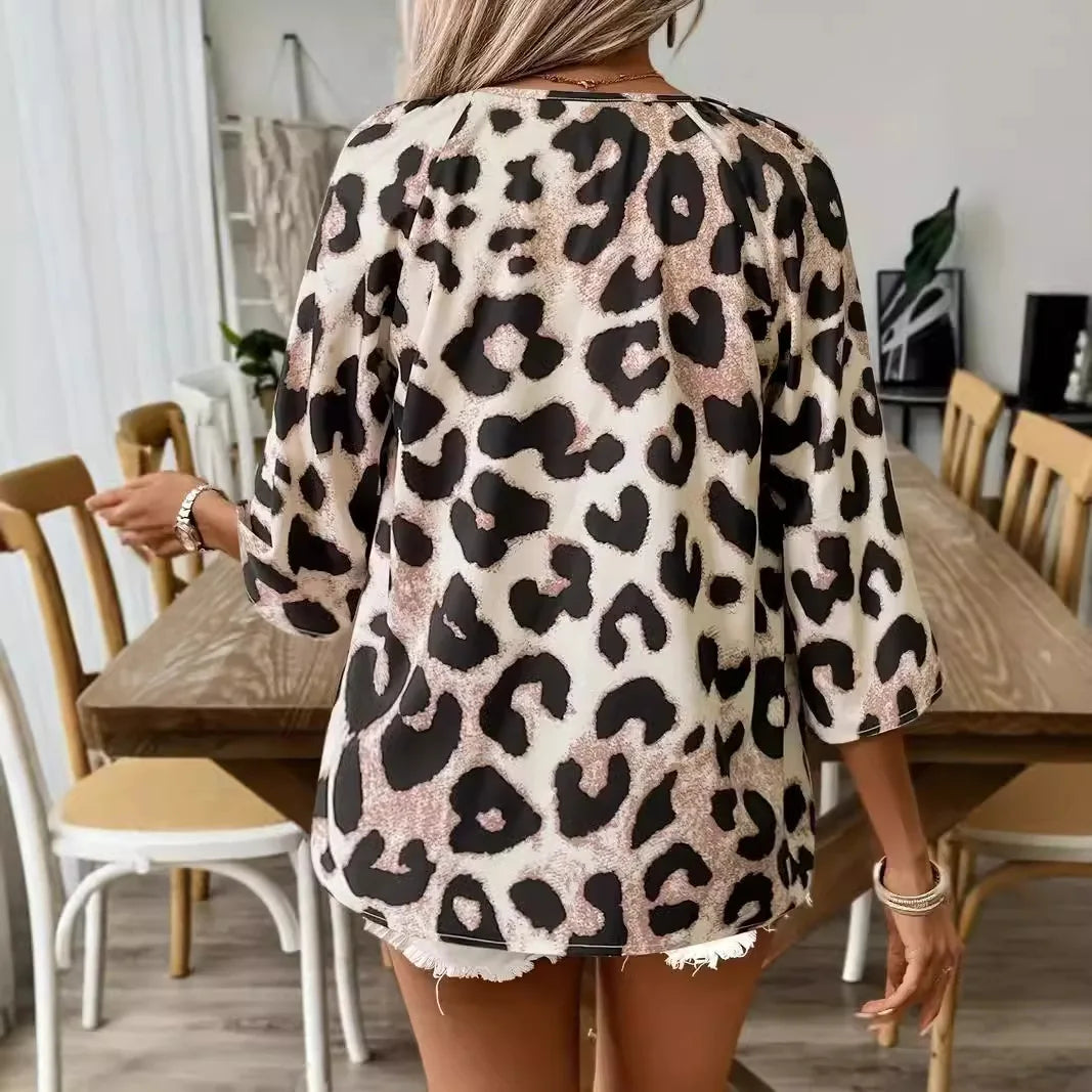 SAIDE™ | S13 SHIRT - LEOPARD PRINT V-NECK LONG SLEEVE SHIRT