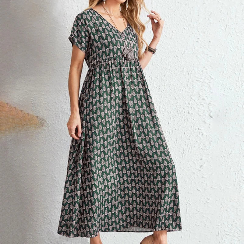 SAIDE™ | S110 DRESS - PLUS SIZE BOHEMIAN PRINTED V-NECK DRESS WITH POCKETS