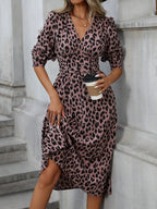 SAIDE™ | S77 DRESS - LEOPARD PRINT V-NECK BUBBLE SLEEVE FITTED DRESS