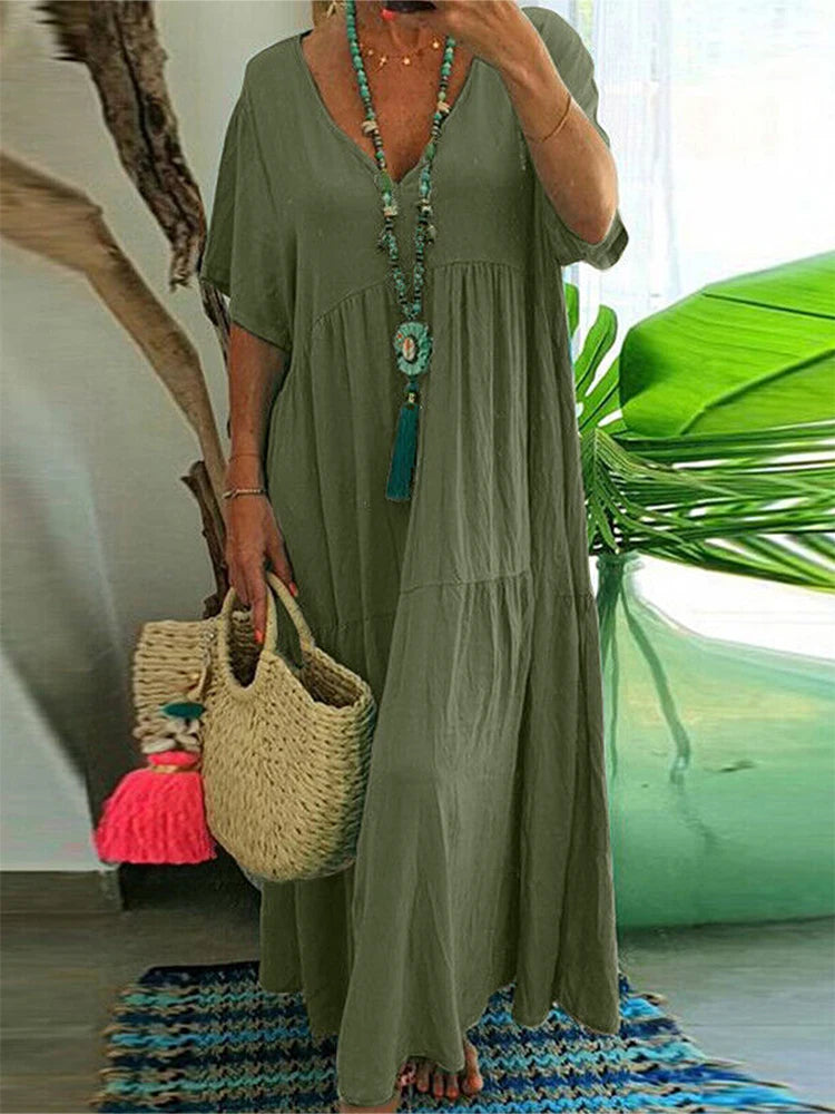 SAIDE™ | S129 DRESS - V-NECK A-LINE ANKLE-LENGTH DRESS