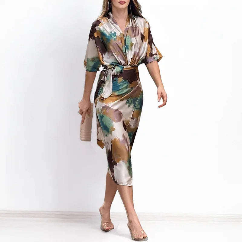 SAIDE™ | S70 DRESS - SUMMER CASUAL SOLID V-NECK SHORT SLEEVE MAXI DRESS