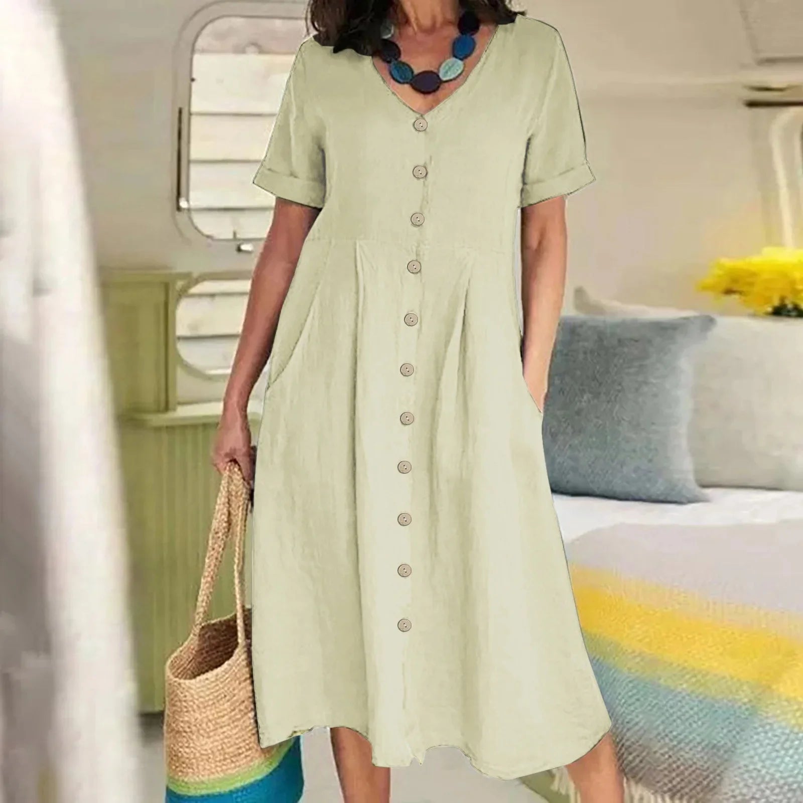 SAIDE™ | S136 DRESS - BUTTON FRONT COTTON LINEN DRESS