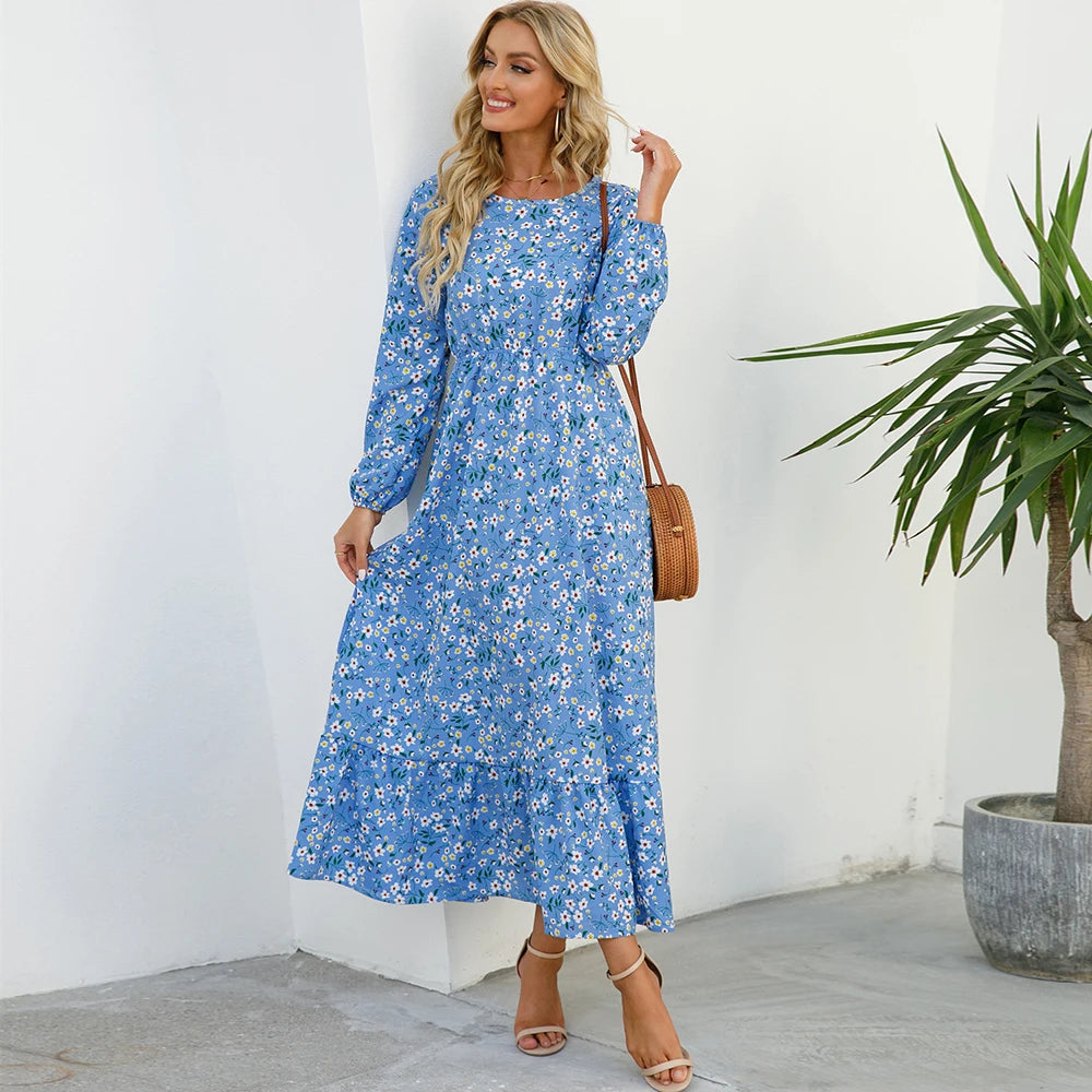 SAIDE™ | S64 DRESS - BOHEMIAN FLORAL PRINT LONG SLEEVE MAXI DRESS