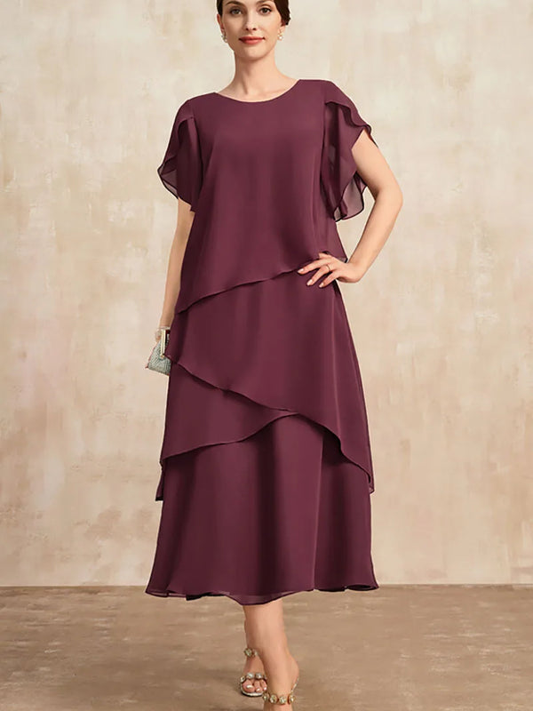 SAIDE™ | S76 DRESS - PLUS SIZE CHIFFON ELEGANT O-NECK LAYERED PETAL SLEEVE MAXI DRESS