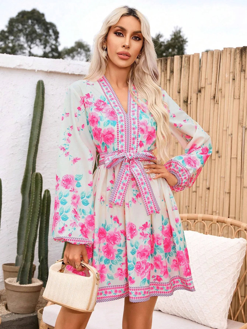 SAIDE™ | S115 DRESS - FLORAL PRINT BELTED WAIST LANTERN SLEEVE DRESS