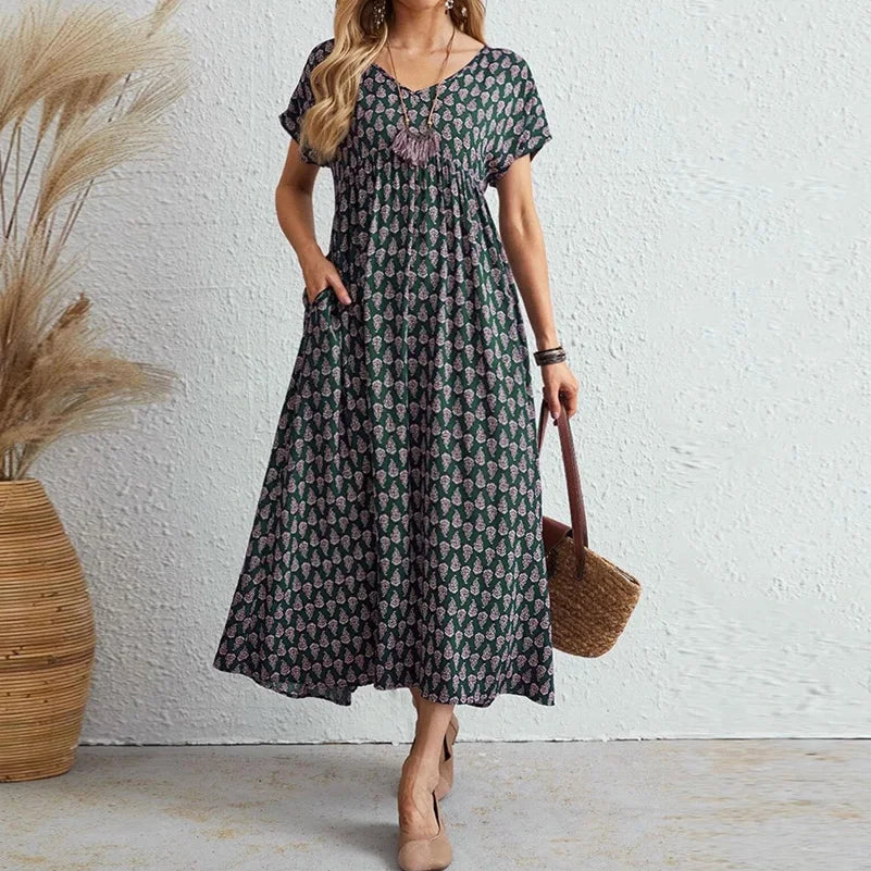 SAIDE™ | S110 DRESS - PLUS SIZE BOHEMIAN PRINTED V-NECK DRESS WITH POCKETS