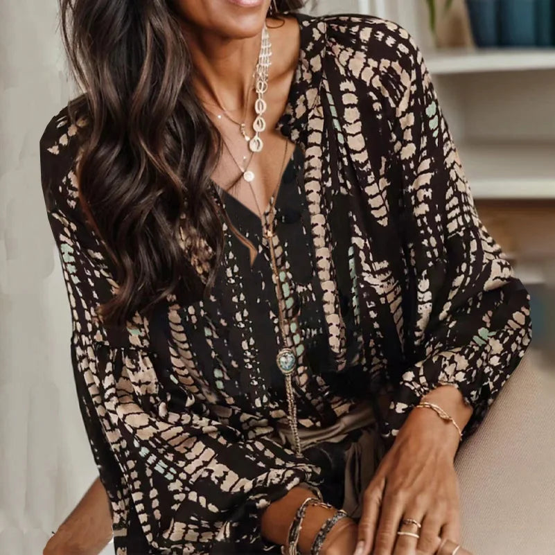 SAIDE™ | S112 TOP - PLUS SIZE STRIPED PRINTED V-NECK LONG SLEEVE SHIRT