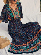 SAIDE™ | S192 DRESS - BOHO PRINT SHORT SLEEVE V-NECK MAXI DRESS