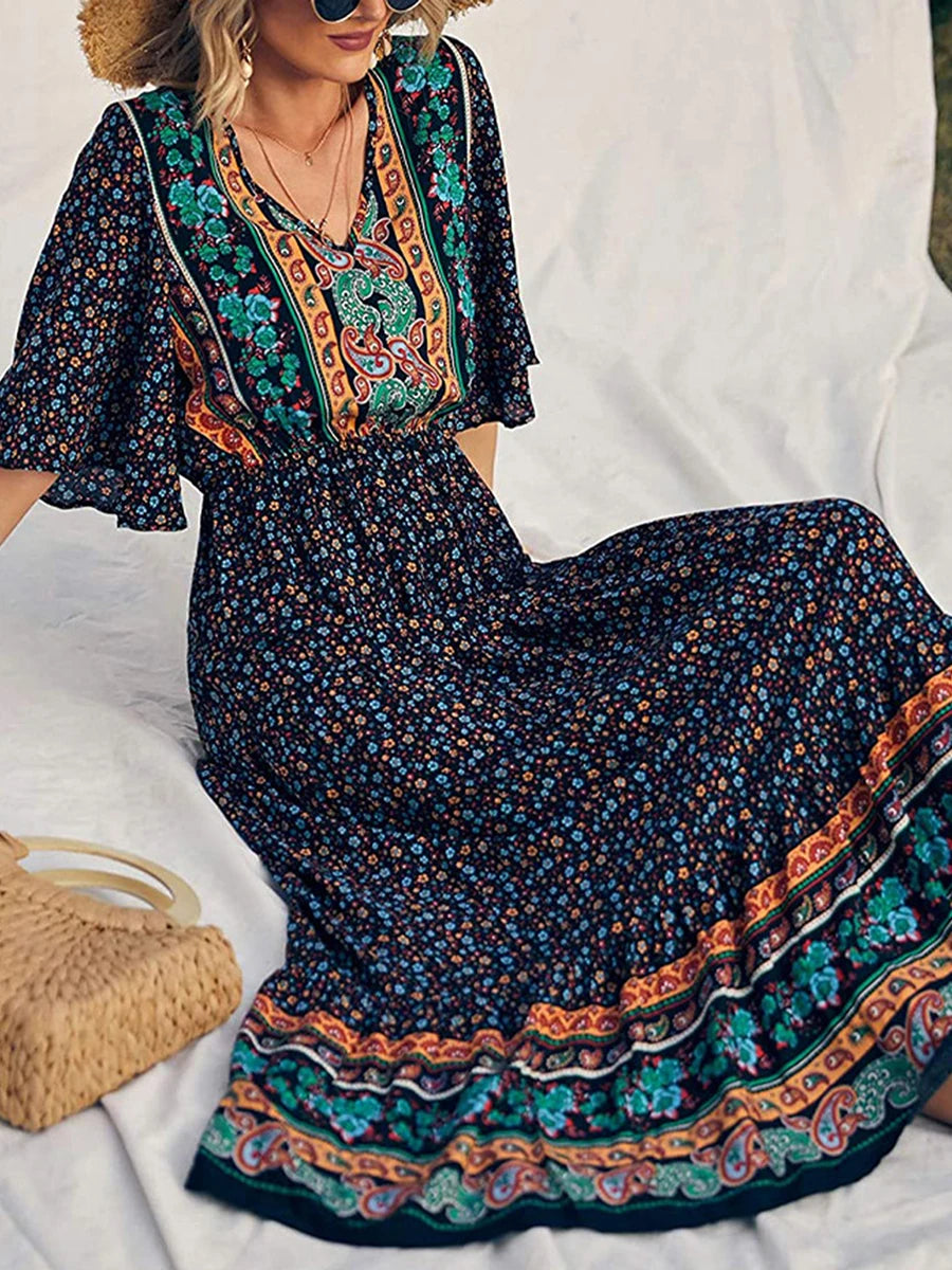 SAIDE™ | S192 DRESS - BOHO PRINT SHORT SLEEVE V-NECK MAXI DRESS