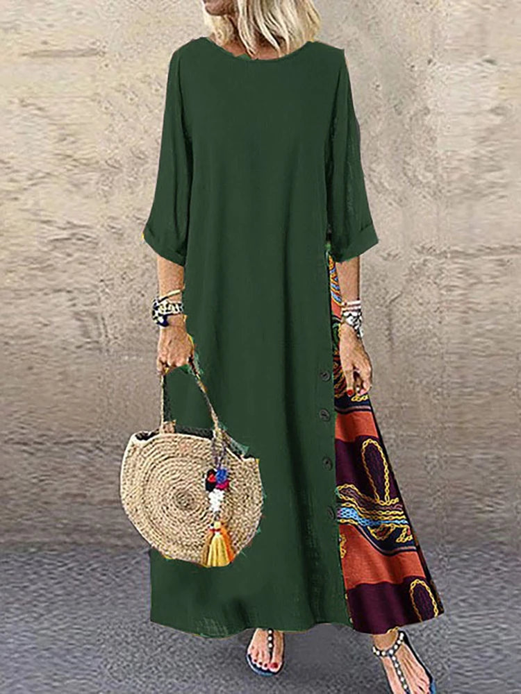 SAIDE™ | S100 DRESS - VINTAGE PRINT PATCHWORK MAXI DRESS BOHO 3/4 SLEEVE