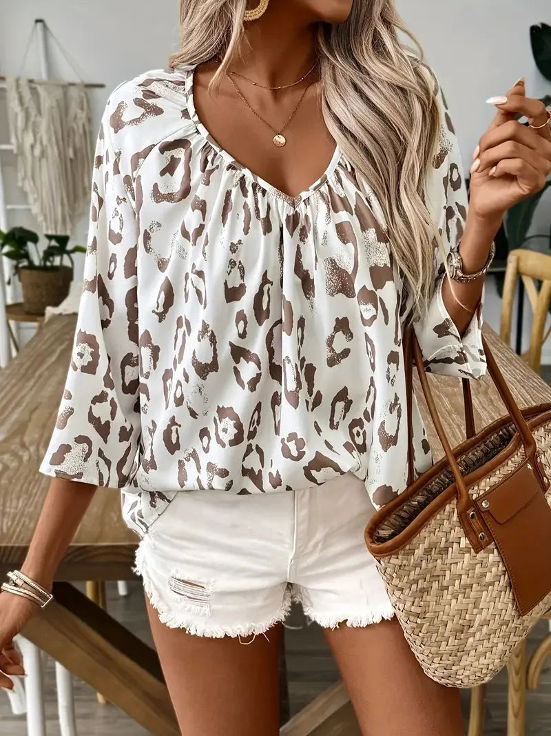 SAIDE™ | S13 SHIRT - LEOPARD PRINT V-NECK LONG SLEEVE SHIRT