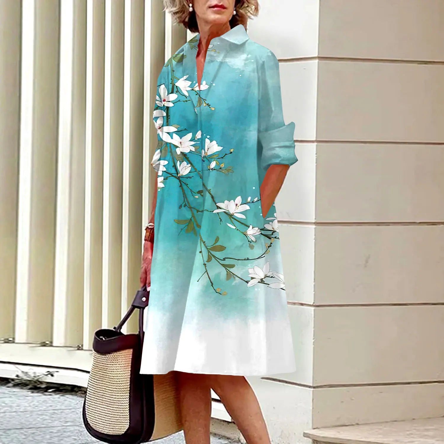 SAIDE™ | S144 DRESS - FLORAL PRINT LONG SLEEVE SHIRT DRESS