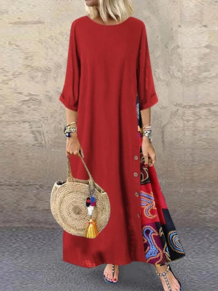SAIDE™ | S100 DRESS - VINTAGE PRINT PATCHWORK MAXI DRESS BOHO 3/4 SLEEVE