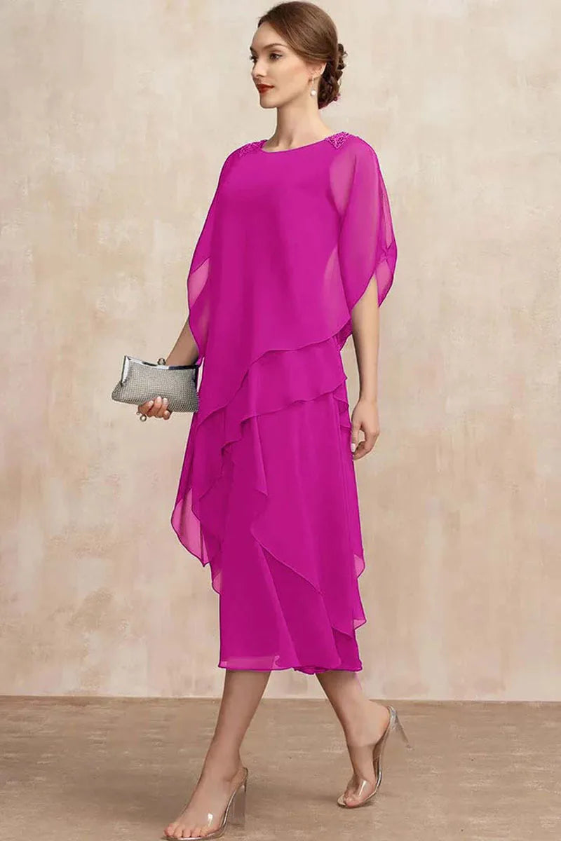 SAIDE™ | S76 DRESS - PLUS SIZE CHIFFON ELEGANT O-NECK LAYERED PETAL SLEEVE MAXI DRESS