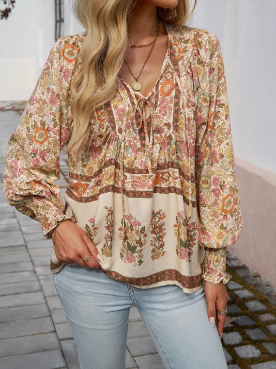 SAIDE™ | S17 BLOUSE - BOHEMIAN FLORAL V-NECK LONG SLEEVE BLOUSE