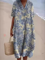 SAIDE™ | S201 DRESS - PRINT V-NECK SHORT SLEEVE LOOSE A-LINE MIDI DRESS