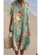SAIDE™ | S201 DRESS - PRINT V-NECK SHORT SLEEVE LOOSE A-LINE MIDI DRESS