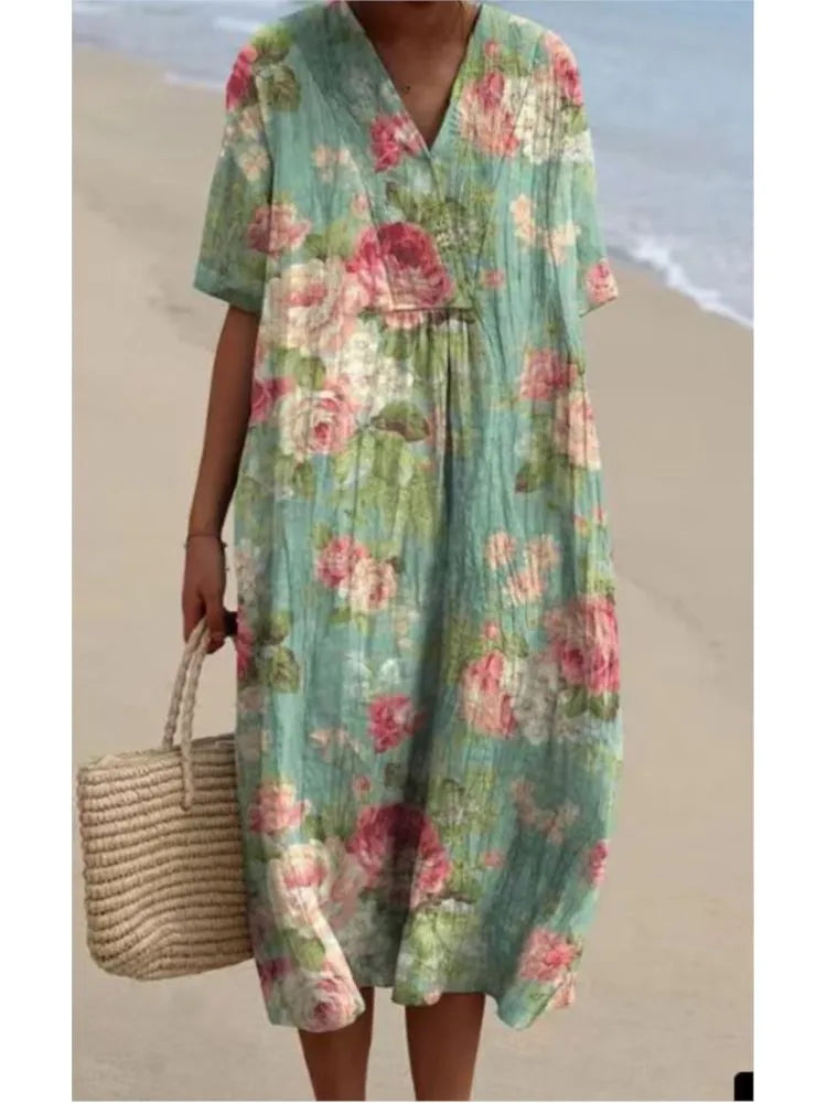SAIDE™ | S201 DRESS - PRINT V-NECK SHORT SLEEVE LOOSE A-LINE MIDI DRESS