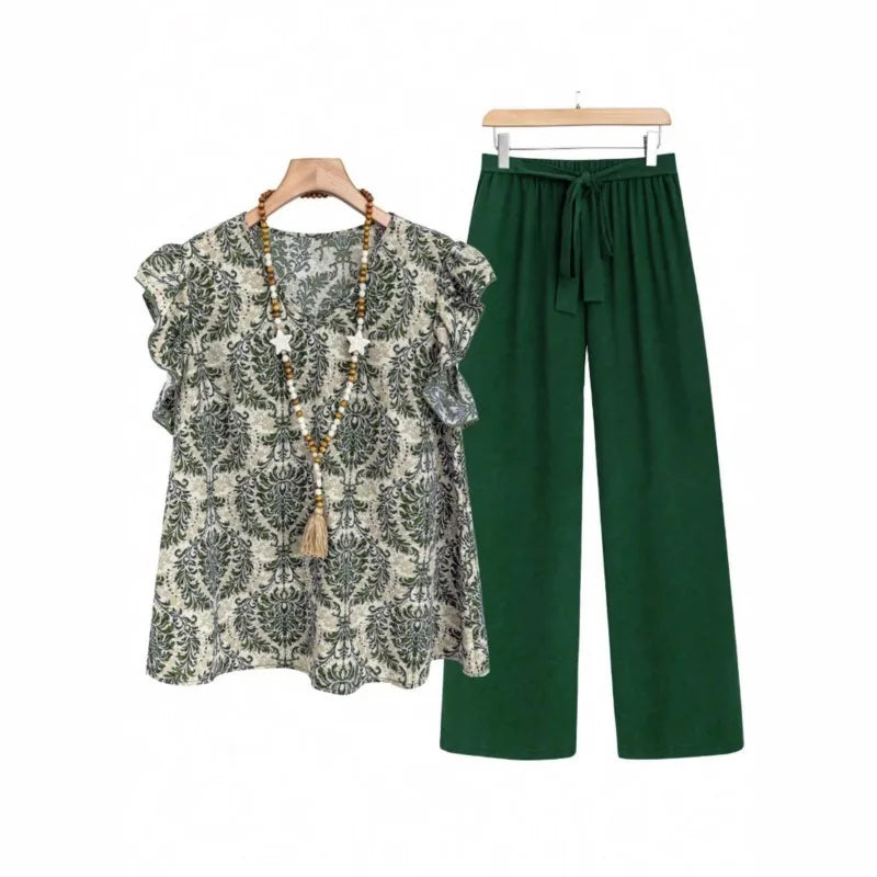 SAIDE™ | S36 TWO PIECE SET - RUFFLED SLEEVE PRINT TOP AND BELTED TROUSERS SET