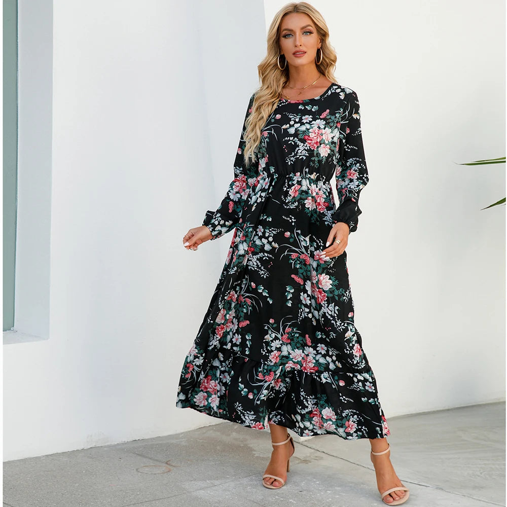 SAIDE™ | S64 DRESS - BOHEMIAN FLORAL PRINT LONG SLEEVE MAXI DRESS