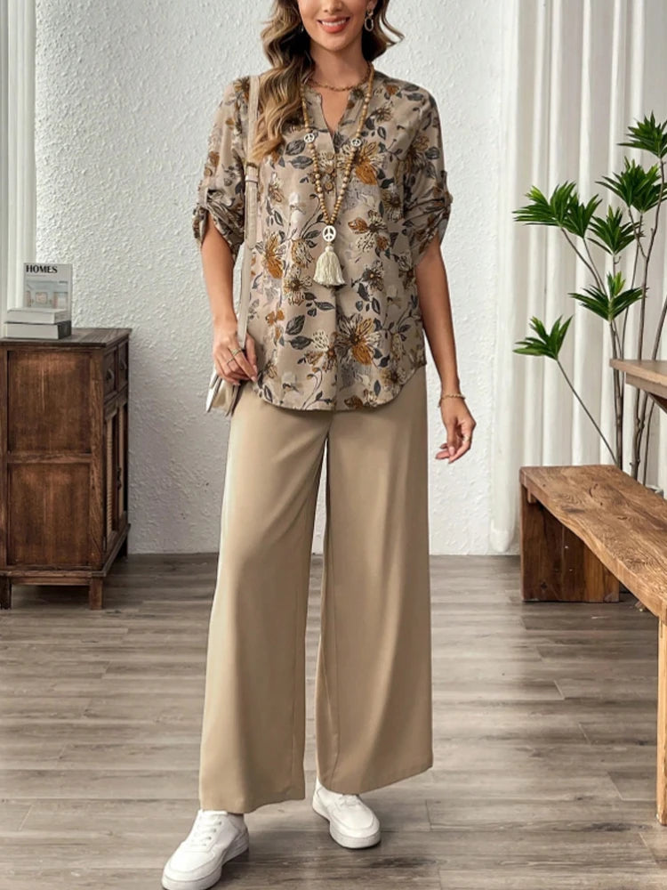 SAIDE™ | S28 TWO PIECE SET - FLORAL PRINT V-NECK TOP AND WIDE LEG PANTS SET