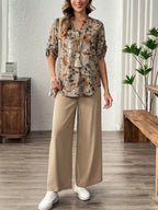 SAIDE™ | S28 TWO PIECE SET - FLORAL PRINT V-NECK TOP AND WIDE LEG PANTS SET