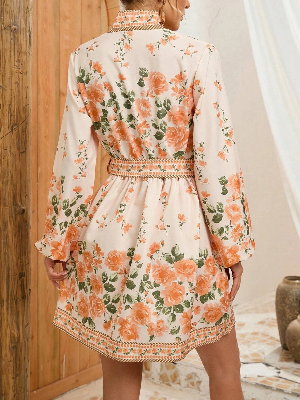 SAIDE™ | S115 DRESS - FLORAL PRINT BELTED WAIST LANTERN SLEEVE DRESS