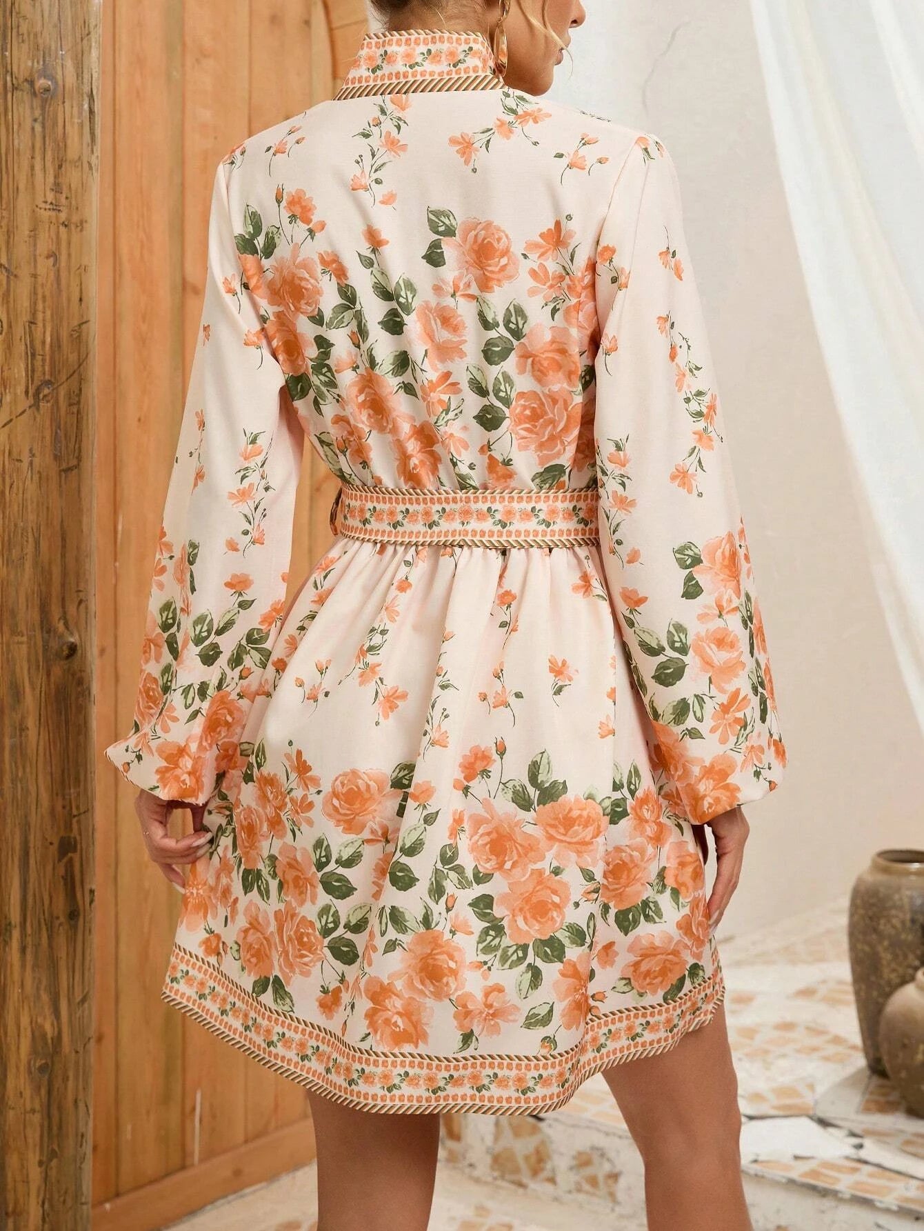 SAIDE™ | S115 DRESS - FLORAL PRINT BELTED WAIST LANTERN SLEEVE DRESS