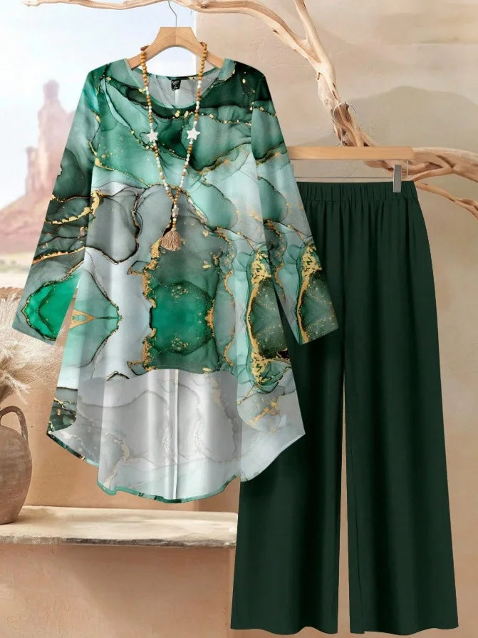 SAIDE™ | S6 TWO PIECE SET - FLORAL PRINT BLOUSE AND WIDE LEG PANTS