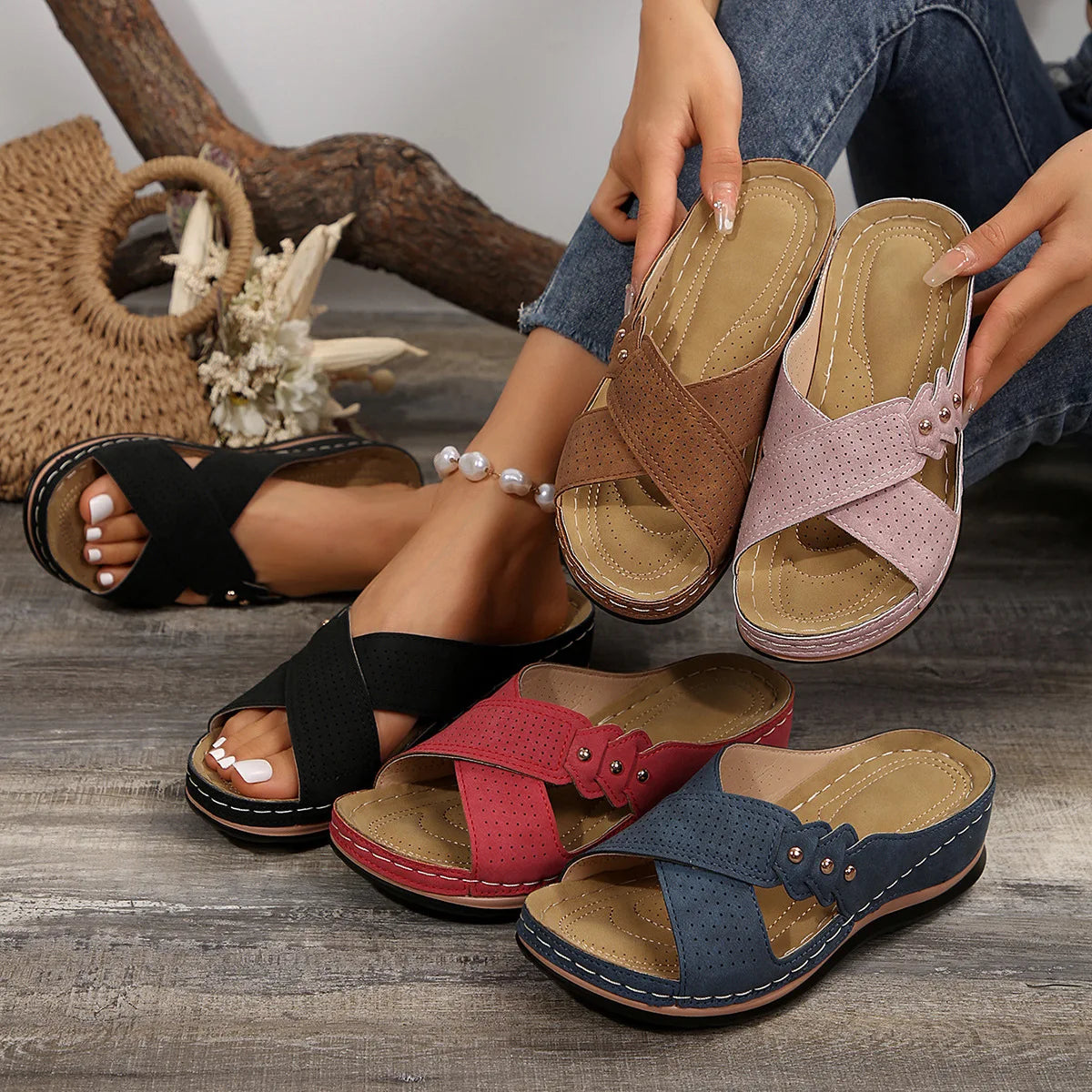 SAIDE™ | S31 SANDALS - VINTAGE PEEP TOE STRAPPY WEDGE SANDALS