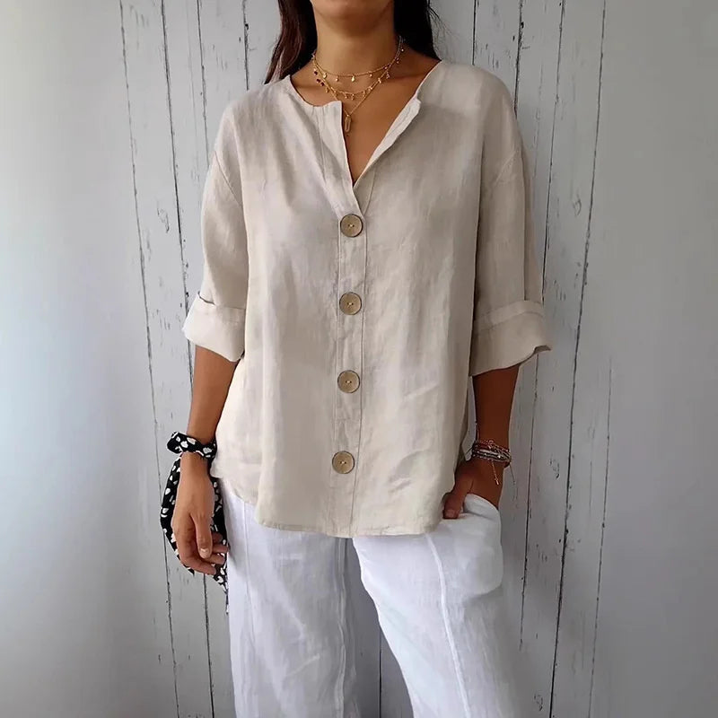 SAIDE™ | S114 SHIRT - V-NECK COTTON LINEN BUTTON TOP
