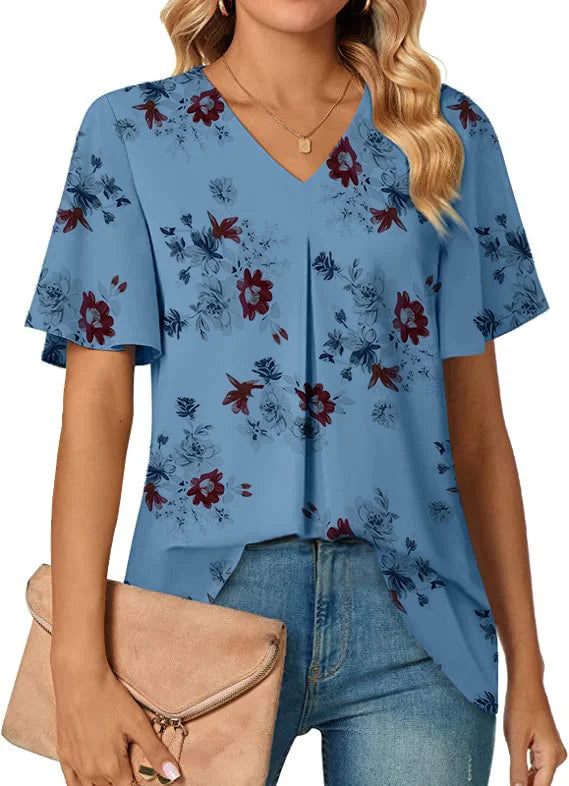 SAIDE™ | S92 T-SHIRT - WOMEN'S V-NECK FLOWER PRINT SHORT SLEEVE TOP