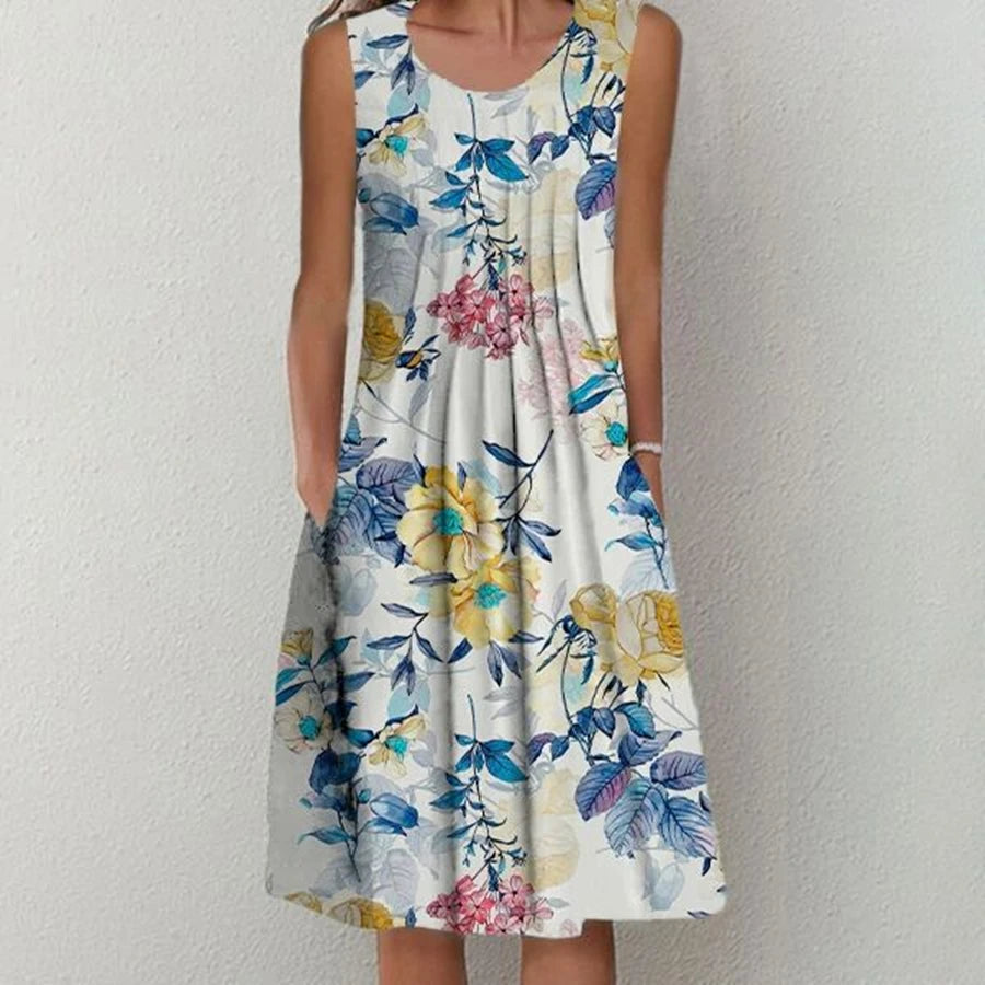 SAIDE™ | S134 DRESS - PRINTED O-NECK MID-CALF CASUAL DRESS
