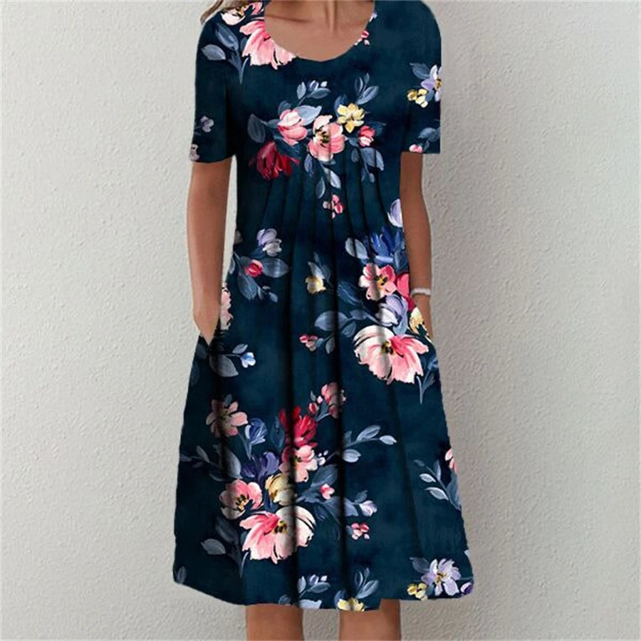 SAIDE™ | S134 DRESS - PRINTED O-NECK MID-CALF CASUAL DRESS