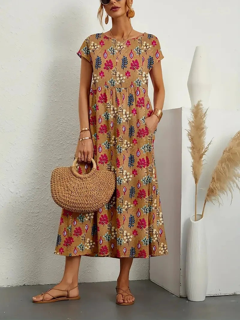 SAIDE™ | S40 DRESS - COTTON LINEN SHORT SLEEVE MAXI DRESS