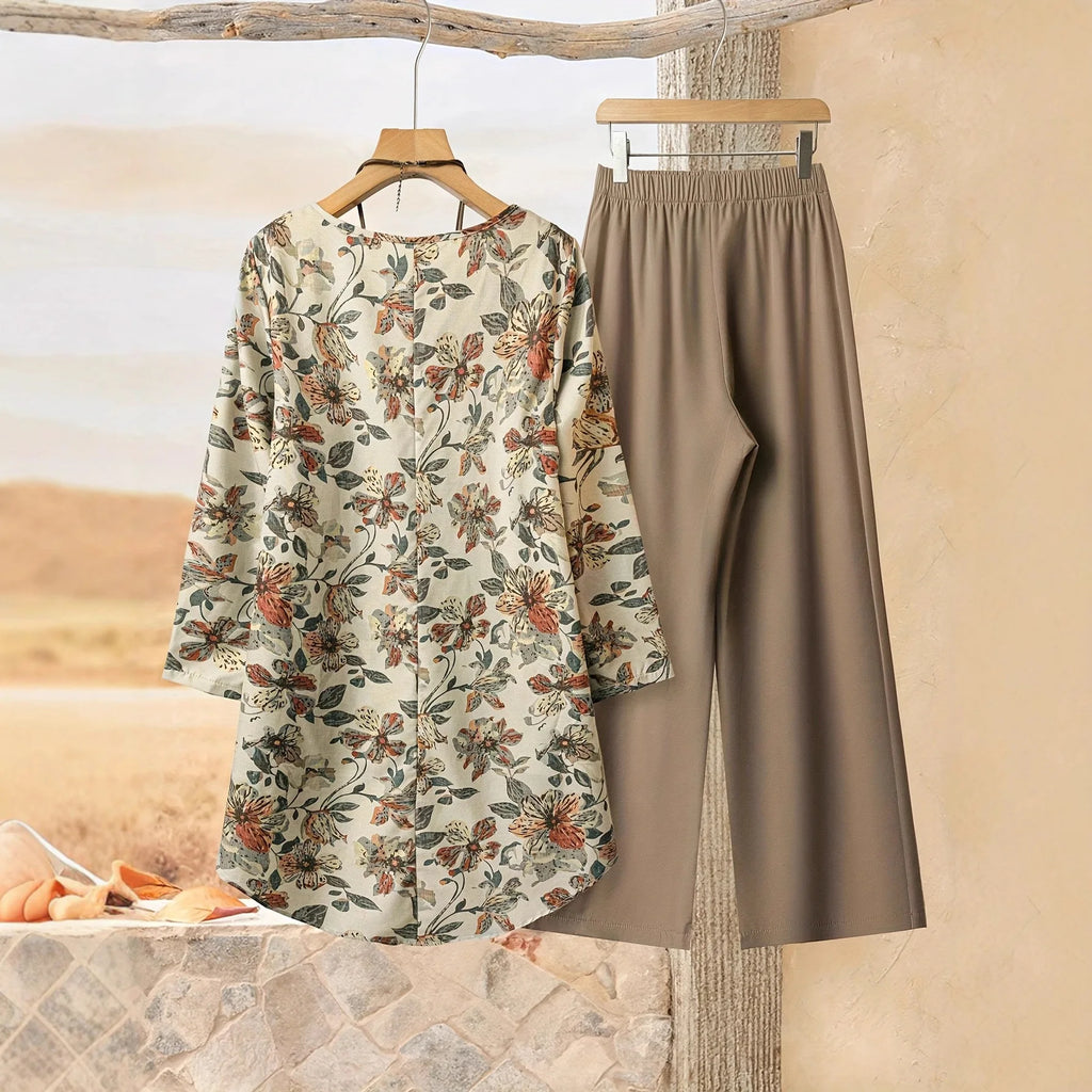 SAIDE™ | S6 TWO PIECE SET - FLORAL PRINT BLOUSE AND WIDE LEG PANTS