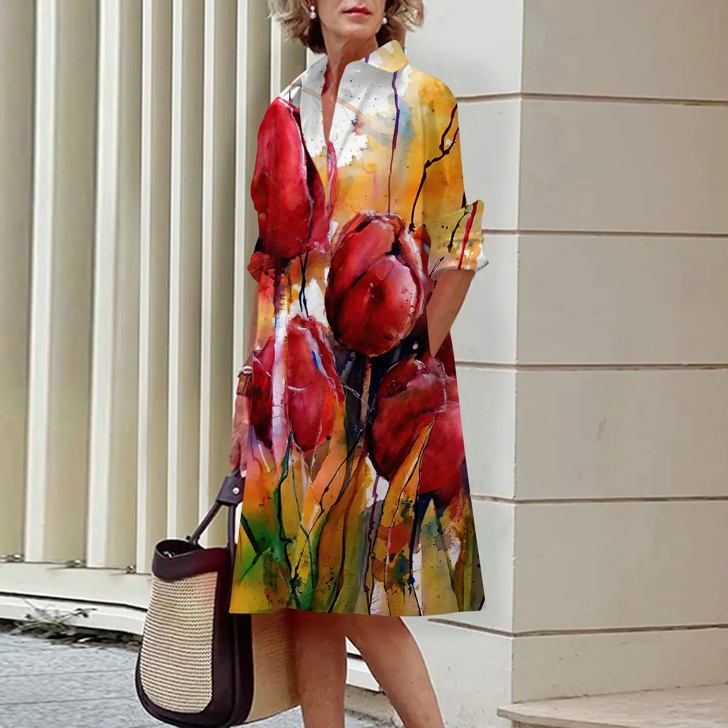 SAIDE™ | S144 DRESS - FLORAL PRINT LONG SLEEVE SHIRT DRESS