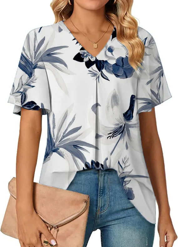 SAIDE™ | S92 T-SHIRT - WOMEN'S V-NECK FLOWER PRINT SHORT SLEEVE TOP