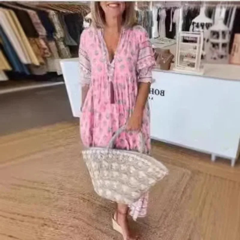 SAIDE™ | S74 DRESS - BOHEMIAN FLORAL V-NECK SHORT SLEEVE MAXI DRESS
