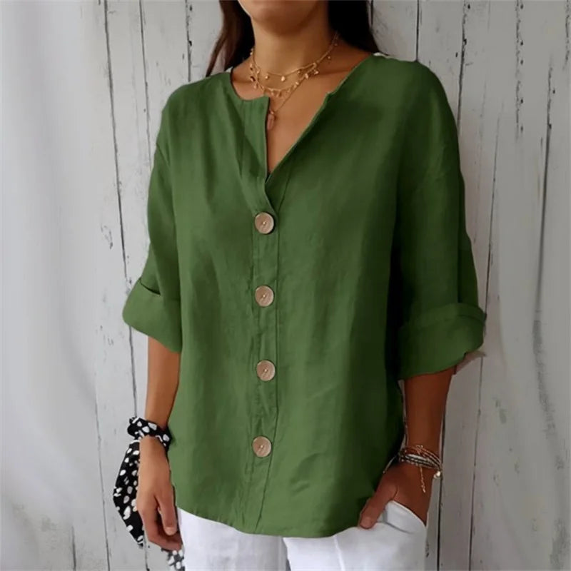 SAIDE™ | S114 SHIRT - V-NECK COTTON LINEN BUTTON TOP