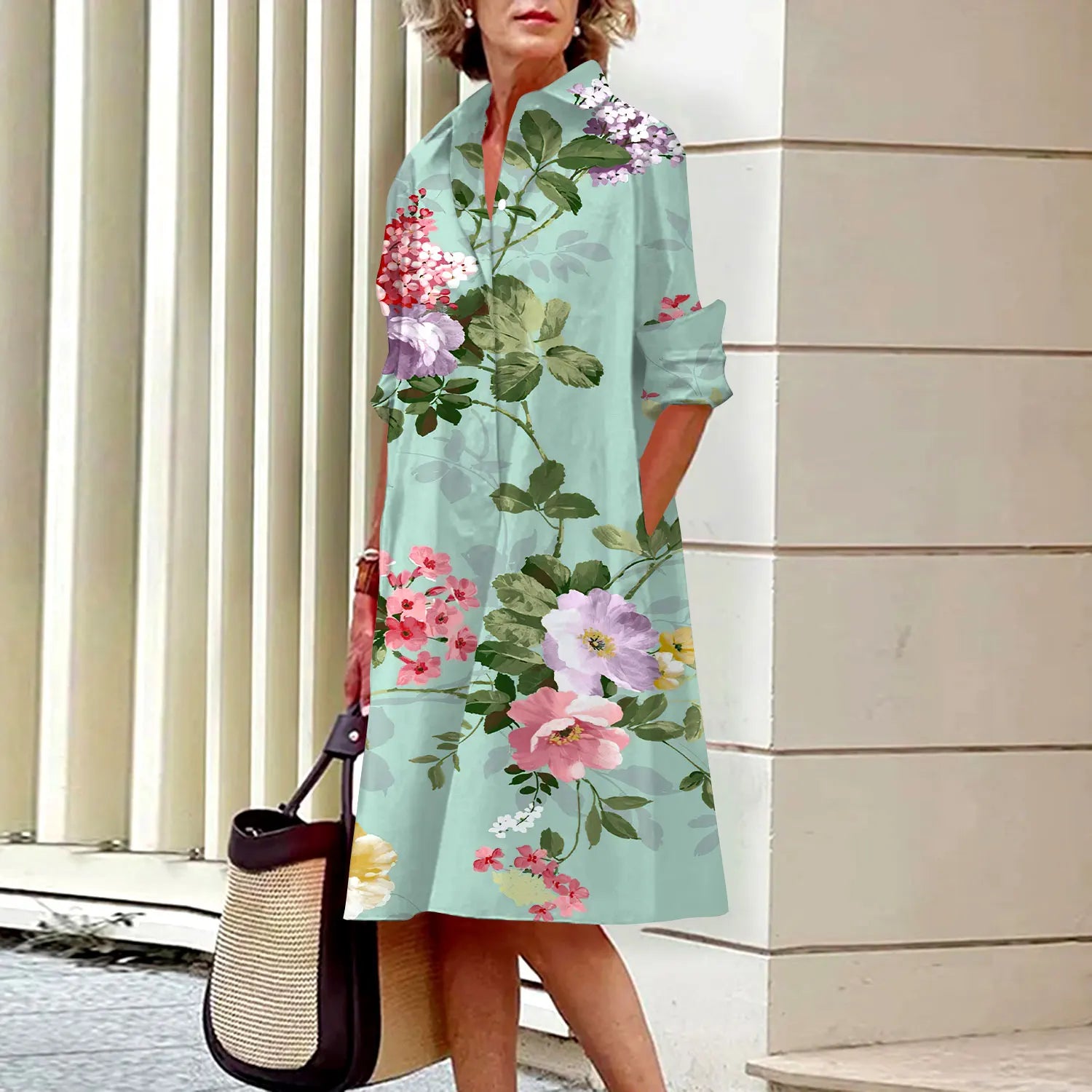 SAIDE™ | S144 DRESS - FLORAL PRINT LONG SLEEVE SHIRT DRESS