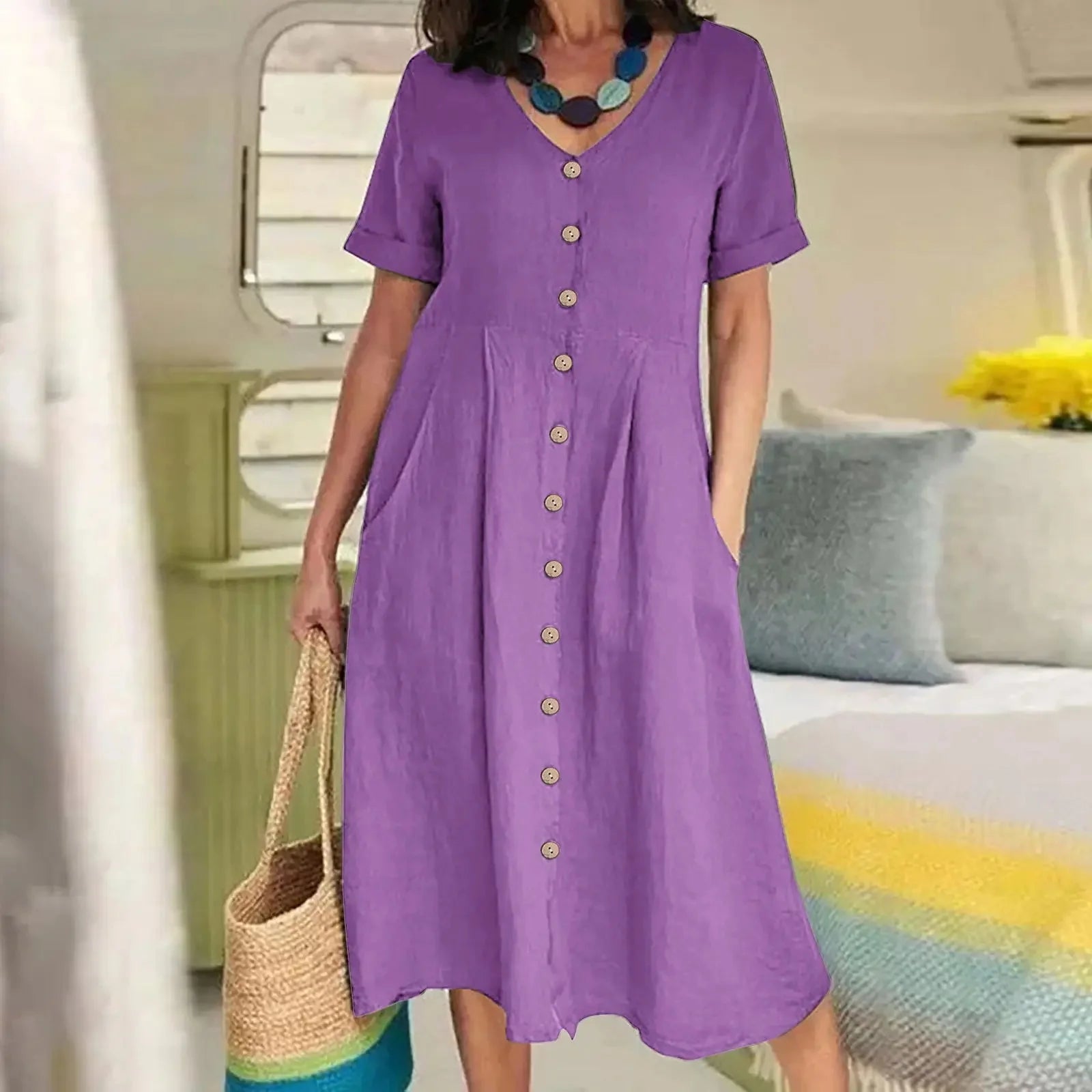 SAIDE™ | S136 DRESS - BUTTON FRONT COTTON LINEN DRESS