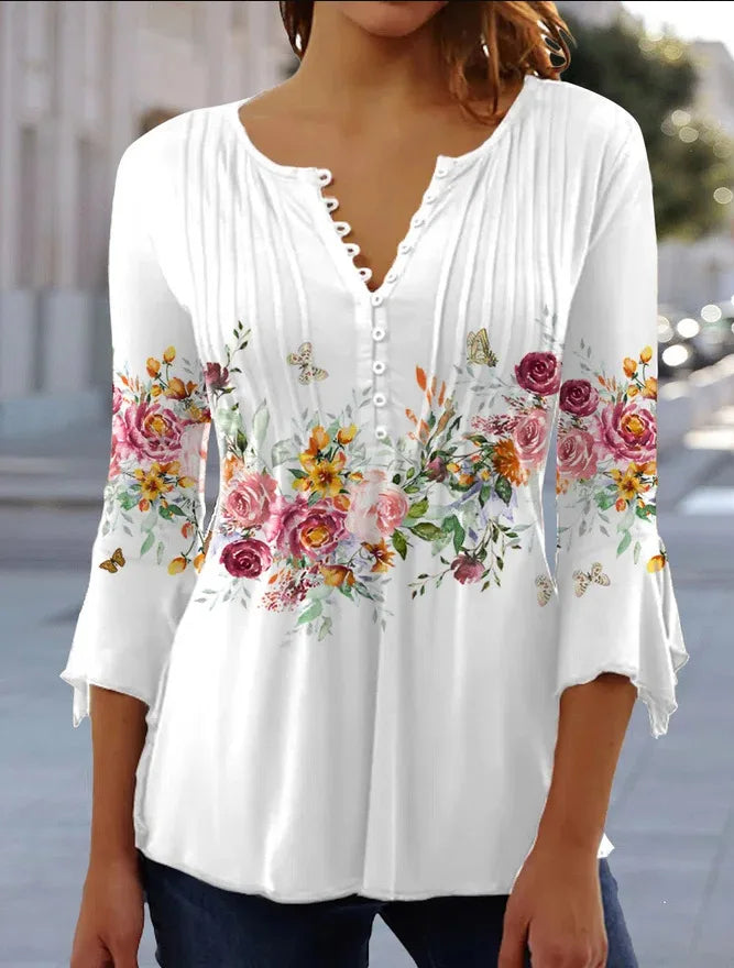SAIDE™ | S126 BLOUSE - FLORAL PRINT V-NECK CHIFFON BLOUSE