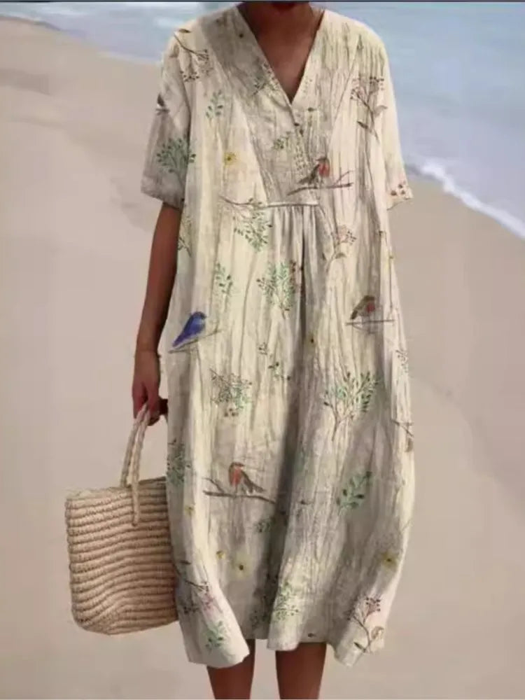 SAIDE™ | S201 DRESS - PRINT V-NECK SHORT SLEEVE LOOSE A-LINE MIDI DRESS