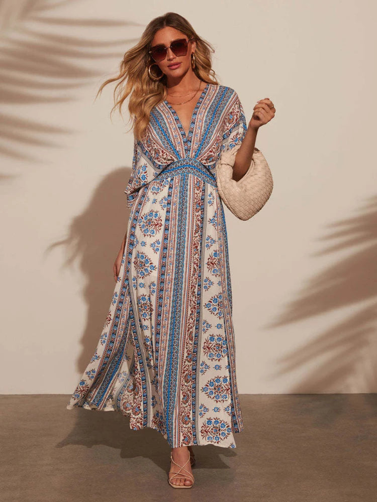 SAIDE™ | S57 DRESS - BOHEMIAN VACATION STYLE PRINTED V-NECK BEACH MAXI DRESS