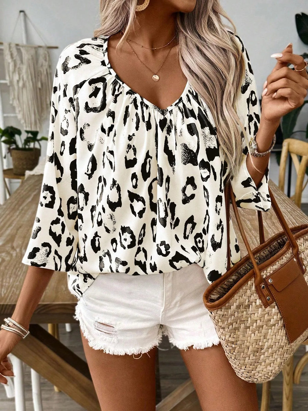 SAIDE™ | S13 SHIRT - LEOPARD PRINT V-NECK LONG SLEEVE SHIRT