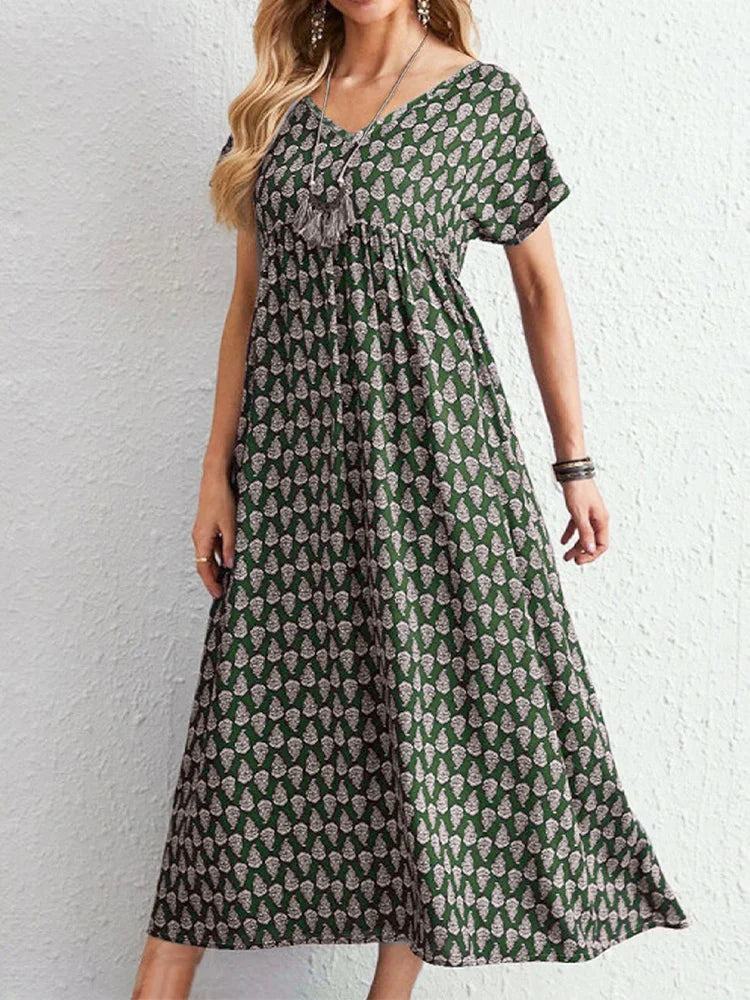 SAIDE™ | S110 DRESS - PLUS SIZE BOHEMIAN PRINTED V-NECK DRESS WITH POCKETS